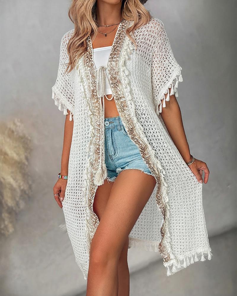 Boho Tassel Decor Tie Front Hollow-out Breathable Coat Casual Contrast Embroidery Paneled Mid-length Cover Up, women Cover Ups, ChicMe catalog