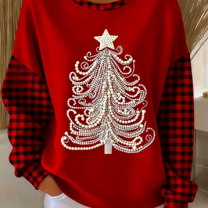 Women Plaid Crew Neck Printing Casual Spring/Fall Long Sleeve Sweatshirt, JustFashionNow Sweatshirts & Hoodies, color:Red|size:5XL,