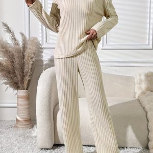Women Plain Two-Piece Set Daily Long Sleeve Casual Spring/Fall Top With Pants Matching Set, Jumpsuits&Rompers, color:Apricot|size:XL, catalog Noracora shop