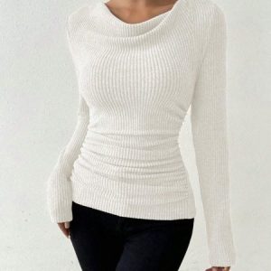 Women Plain Long Sleeve Tee T-shirt Crew Neck Ruched Casual Spring/Fall Top, JustFashionNow T-Shirts, color:White|size:XXL,