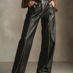Urban Plain Zipper Straight Faux Leather Pants, Pants, color:Black|size:XXL, Stylewe