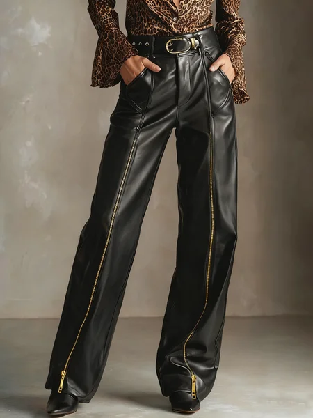 Urban Plain Zipper Straight Faux Leather Pants, Pants, color:Black|size:XXL, Stylewe