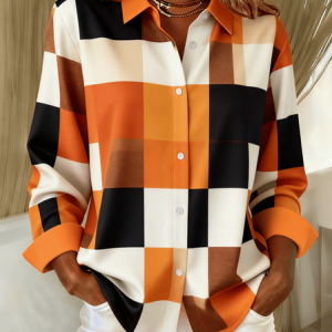 Shirt Collar Regular Sleeve Long Sleeve Abstract Buckle Regular Loose Button Up Shirt Shirt For Women, Shirts, color:Orange|size:XXL, catalog Noracora shop