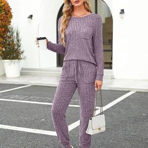 Crew Neck Casual Plain Pajama Set, Jumpsuits&Rompers, color:Purple|size:XXL, catalog Noracora shop