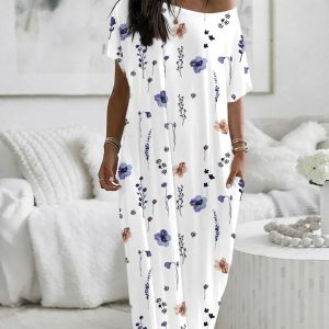 Watercolor Floral Print Skew Neck Short Sleeve Maxi Nightdress Casual Loose Fit Loungewear with Pockets, women Casual Dresses, ChicMe catalog