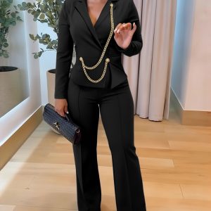 Chain & Button Decor Notched Collar Overlap V-Neck Slit Spliced Overalls Casual High Waist Seam Front Zipper Back Jumpsuit, women Jumpsuits, ChicMe catalog