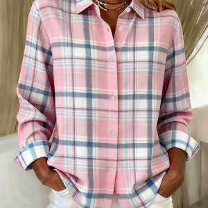 Shirt Collar Regular Sleeve Long Sleeve Plaid Buckle Regular Loose Button Up Shirt Shirt For Women, Shirts, color:Pink|size:XXL, catalog Noracora shop