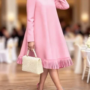 Elegant Plain Tassel Crew Neck Midi Dress, Midi Dresses, color:Pink|size:XXL, Stylewe