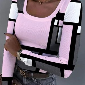 Scoop Neck Color Block Regular Fit Casual T-Shirt, JustFashionNow T-Shirts, color:Pink|size:XXL,
