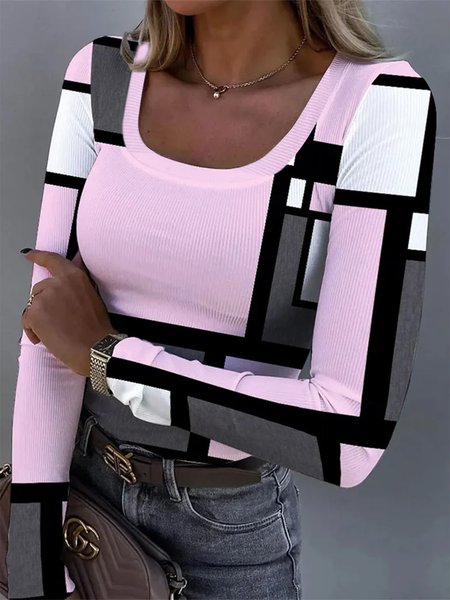 Scoop Neck Color Block Regular Fit Casual T-Shirt, JustFashionNow T-Shirts, color:Pink|size:XXL,