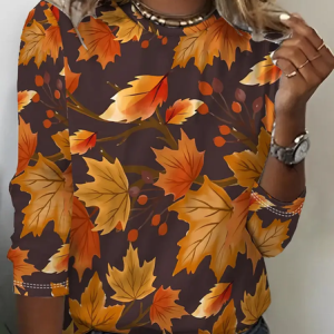 Women Maple Leaf Long Sleeve Tee T-shirt Crew Neck Printing Casual Spring/Fall Graphic Tee Top, JustFashionNow T-Shirts, color:Brown|size:XXL,