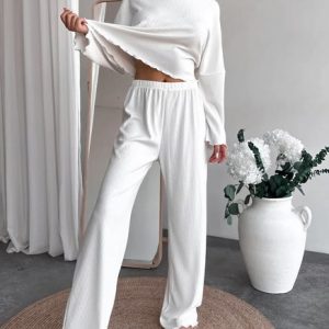 Women Plain Two-Piece Set Daily Long Sleeve Casual Spring/Fall Top With Pants Matching Set, Jumpsuits&Rompers, color:White|size:L, catalog Noracora shop