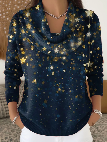 Women Star Printing Spring/Fall Casual Long Sleeve Cowl Neck Sweater, JustFashionNow Sweaters, color:Purplish Blue|size:3XL,