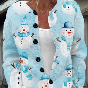 Women Christmas Snowman Long Sleeve Comfy Vintage Printing Cardigan, Cardigans, color:Blue|size:5XL, catalog Noracora shop