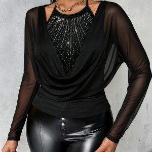 Rhinestone Decor Halter Tie Cowl Neck Long Sleeve Tee Casual Sheer Mesh Spliced Backless Top, women T-shirt & Tees, ChicMe catalog