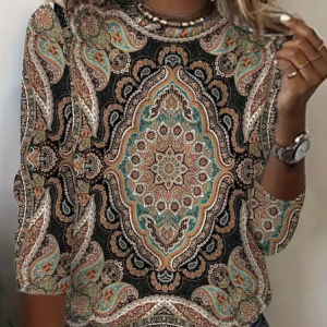 Casual Ethnic Crew Neck Long Sleeve T-shirt, T-shirts, color:As Picture|size:XXL, catalog Noracora shop