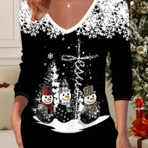 Casual Christmas Snowman V Neck Long Sleeve T-shirt, T-shirts, color:Black|size:XXL, catalog Noracora shop