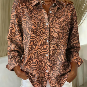 Women Floral Long Sleeve Shirt Spring/Fall Buckle Shirt Collar Regular Sleeve Daily Casual Top, JustFashionNow Shirts, color:Brown|size:XXL,