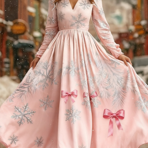 Women Christmas Spring/Fall Dress V Neck Long Sleeve A-Line Dress, Dresses, color:Pink|size:5XL, catalog Noracora shop