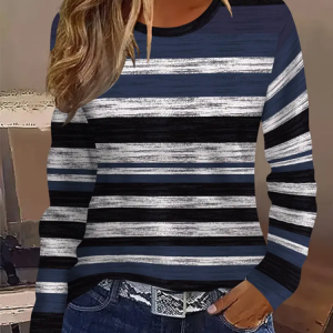 Women Striped Long Sleeve Tee T-shirt Crew Neck Printing Casual Spring/Fall Graphic Tee Top, JustFashionNow T-Shirts, color:Blue|size:XXL,