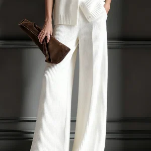 Casual Plain Sweater Wide Leg Pants, Pants, color:White|size:XXL, Stylewe