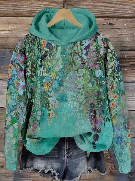 Women Floral Spring/Fall Printing Long Sleeve Casual Daily Hoodie, JustFashionNow Sweatshirts & Hoodies, color:Green|size:5XL,