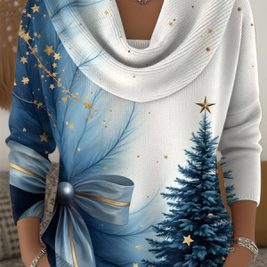 Women Christmas Printing Spring/Fall Casual Long Sleeve Cowl Neck Sweater, JustFashionNow Sweaters, color:Blue|size:3XL,