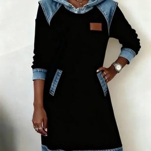 Women Multicolor Block Long Sleeve All Season Dress Hoodie Daily Casual Midi H-Line Dress, JustFashionNow Dresses, color:Black|size:3XL