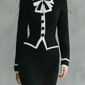 Elegant Color Block Shirt Collar Sweater Cardigan, Cardigans, color:Black-white|size:XXL, Stylewe