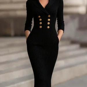 Elegant Plain Buttoned Shawl Collar Sweater Midi Dress, Midi Dresses, color:Black|size:XXL, Stylewe