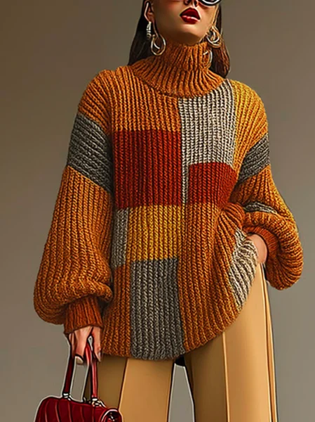 Urban Plaid Turtleneck Sweater, Pullovers, color:Brown|size:XXL, Stylewe - Image 2