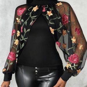 Mock Neck Floral Embroidery Cape-style Mesh Lantern Sleeve Spliced Blouse Ruched Hollow-out Back Slim Fit Top, women Blouses & Shirts, ChicMe catalog