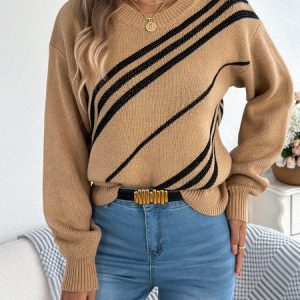 Women Cotton Geometric Long Sleeve Comfy Casual Sweater, Sweaters, color:Khaki|size:XL, catalog Noracora shop