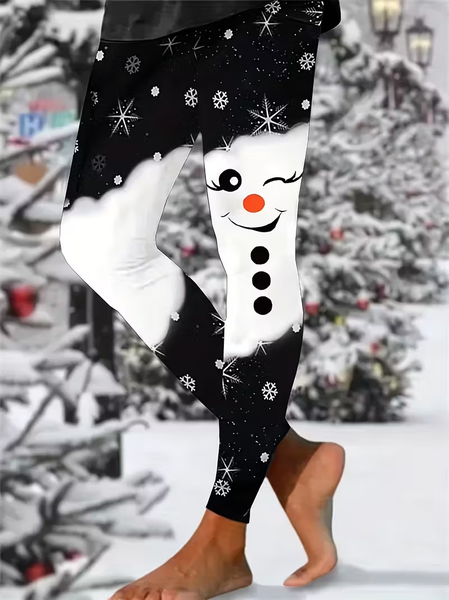Women Christmas Snowman Casual All Season Printing Long Leggings, JustFashionNow Leggings, color:Black-white|size:XXL,