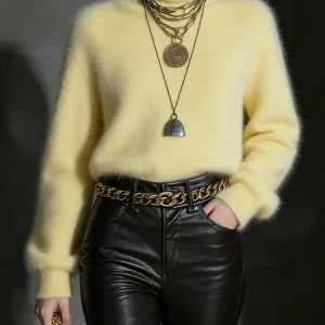 Casual Plain Turtleneck Sweater, Pullovers, color:Yellow|size:XXL, Stylewe