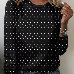 Casual Polka Dots Crew Neck Long Sleeve T-shirt, T-shirts, color:Black|size:XXL, catalog Noracora shop