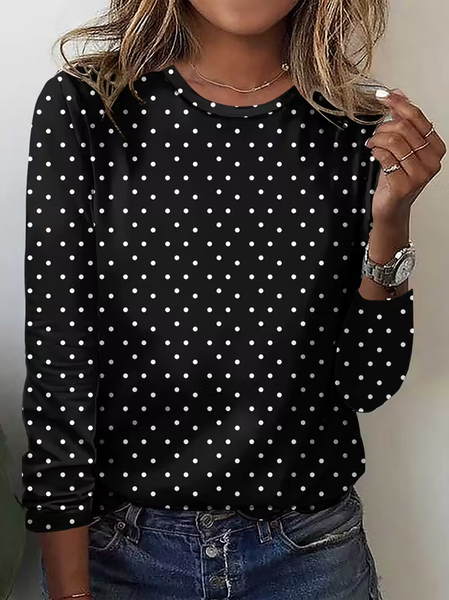 Women Polka Dots Long Sleeve Tee T-shirt Crew Neck Printing Casual Spring/Fall Graphic Tee Top, JustFashionNow T-Shirts, color:Black|size:XXL,
