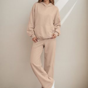 Women Plain Two-Piece Set Daily Long Sleeve Casual Spring/Fall Top With Pants Matching Set, Jumpsuits&Rompers, color:Khaki|size:3XL, catalog Noracora shop