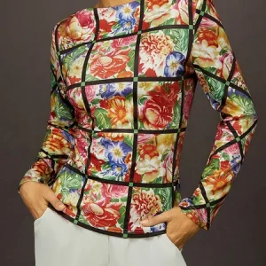 Floral Fitted Top - Elegant Blouse for Social Occasions, Tees, color:As Picture|size:XXL, Stylewe