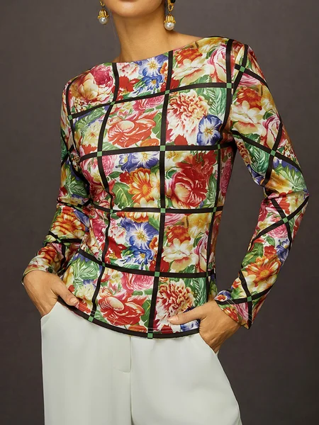 Floral Fitted Top - Elegant Blouse for Social Occasions, Tees, color:As Picture|size:XXL, Stylewe