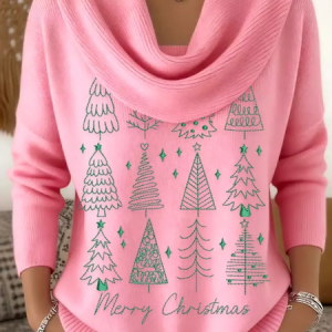 Women Christmas Printing Spring/Fall Casual Long Sleeve Cowl Neck Sweater, JustFashionNow Sweaters, color:Pink|size:3XL,