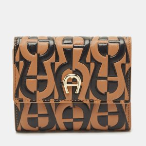 Aigner Black/Beige Monogram Embossed Leather Trifold Wallet, Wallets & Money Clips - Luxury Closet