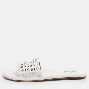 Alaia White Leather Vienne Flat Slide Size 38, Flats - Luxury Closet