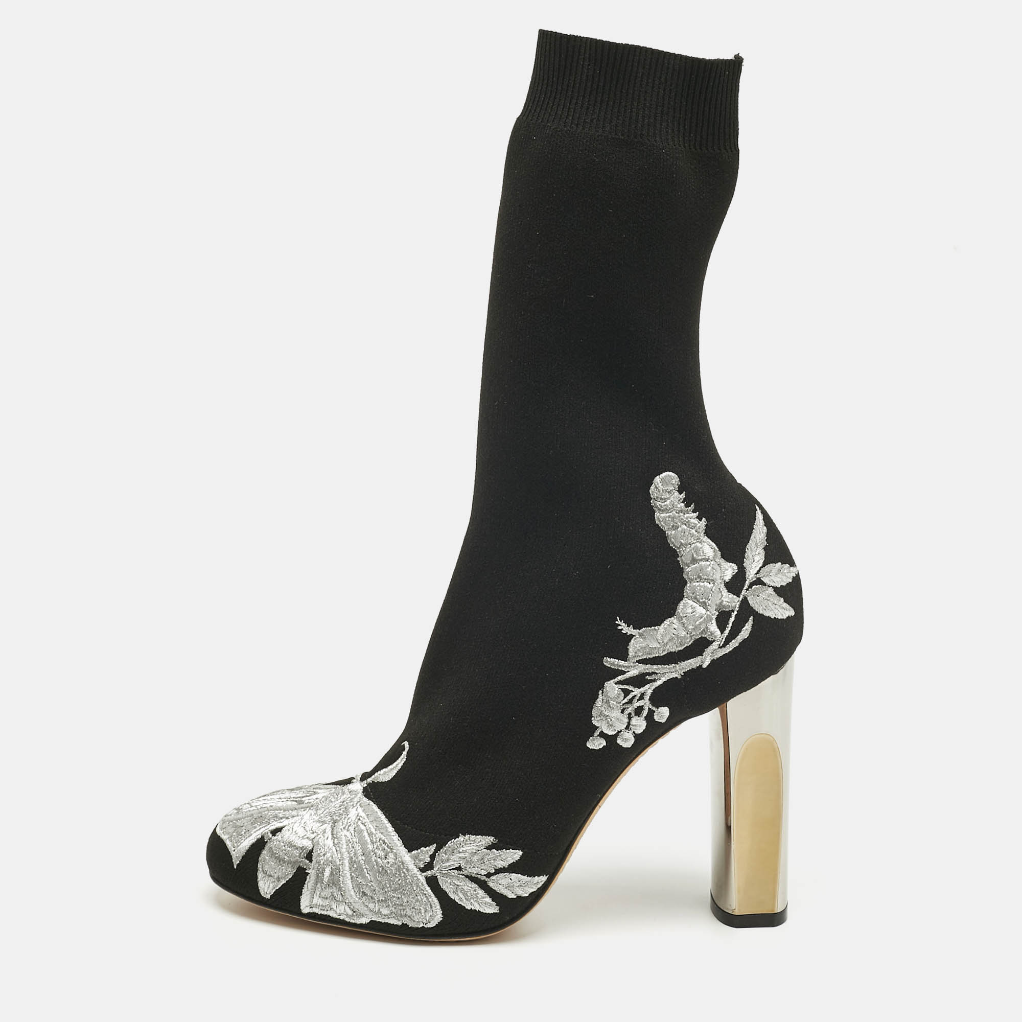 Alexander McQueen Black/Silver Embroidered Knit Fabric Ankle Boots Size 37, Boots - Luxury Closet
