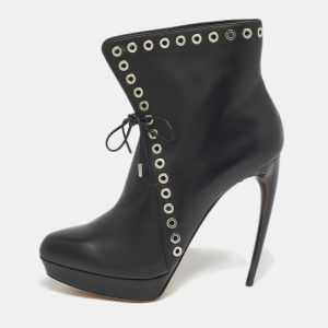 Alexander McQueen Black Leather Eyelet Horn Heel Ankle Length Boots Size 40.5, Boots - Luxury Closet