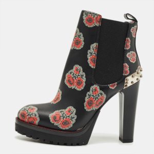 Alexander McQueen Black Rose Print Leather Studded Ankle Length Boots Size 36, Boots - Luxury Closet