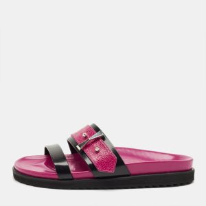 Alexander McQueen Pink/Black Ostrich Leg and Leather Flat Slides Size 38, Flats - Luxury Closet
