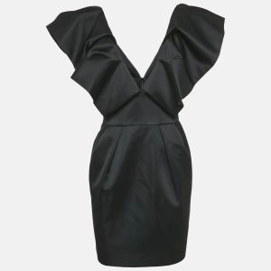 Alexandre Vauthier Black Satin Ruffled V-Neck Mini Dress M, Dresses - Luxury Closet