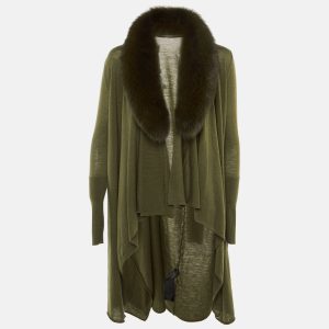 Alice + Olivia Olive Green Wool Detachable Fur Open Front Cardigan XS, Sweaters & Cardigans - Luxury Closet