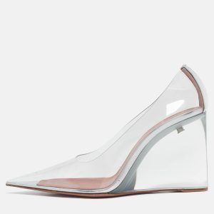Amina Muaddi Silver Patent Leather and PVC Ane Wedge Pumps Size 39, Pumps - Luxury Closet